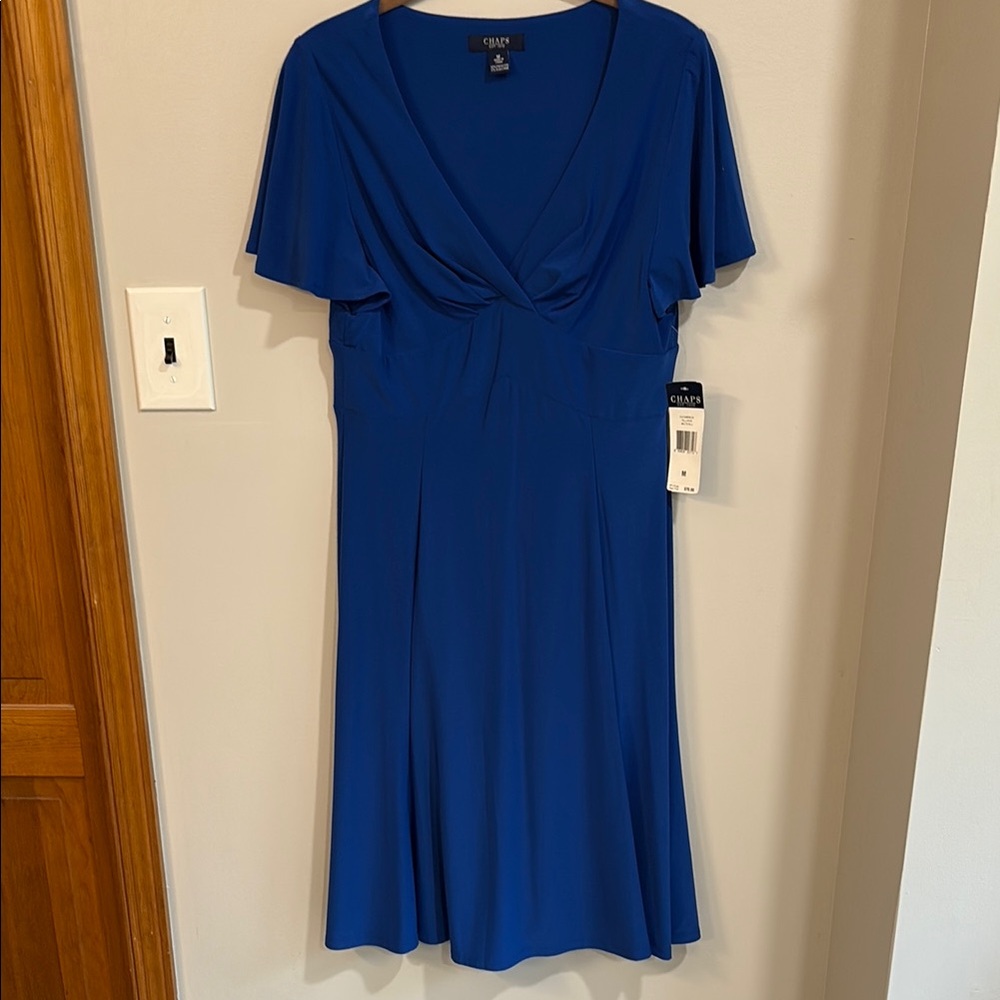 Chaps Royal Blue Ruched V-Neck Flutter Sleeve Fit & Flare Midi Dress‎ NWT